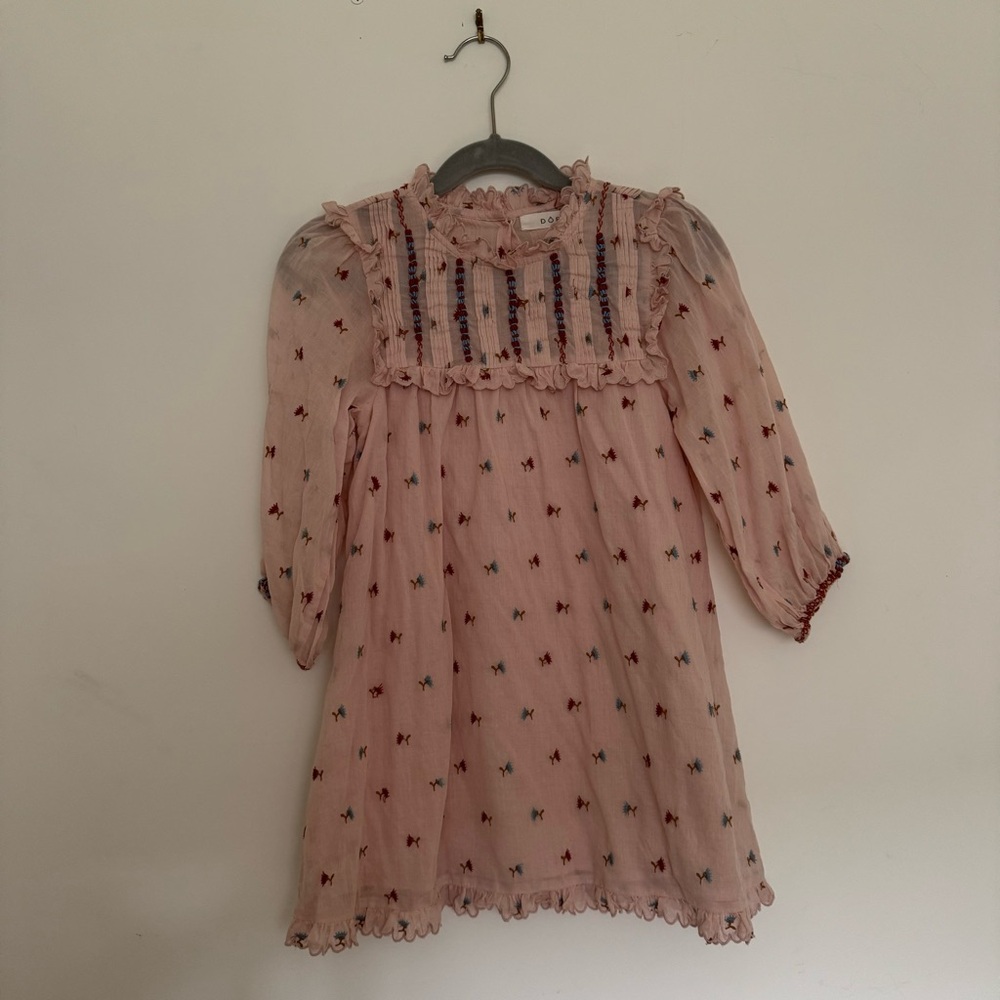 Doen Little Girls Dress Size 6 Pink Burgundy Blue embroidery